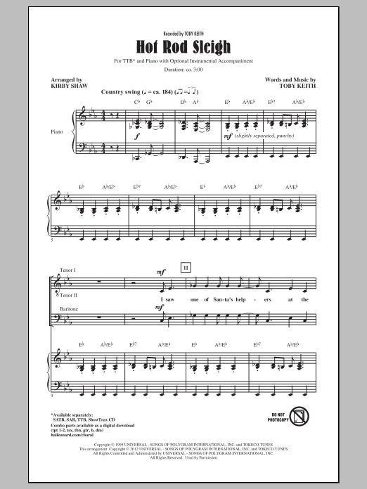 Toby Keith Hot Rod Sleigh (arr. Kirby Shaw) sheet music notes and chords. Download Printable PDF.