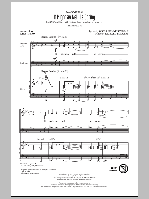 Learn to play Kirby Shaw It Might As Well Be Spring sheet music for SSA Choir in minutes. Price: 3.9900$ Kirby Shaw It Might As Well Be Spring sheet music notes and chords arranged for SSA Choir