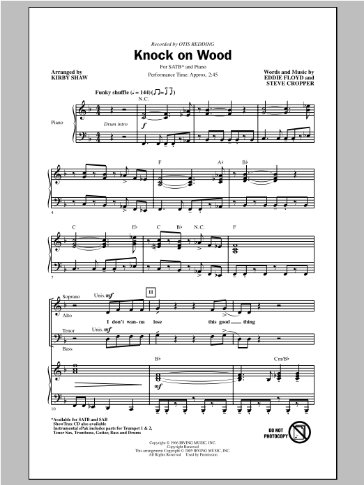 Otis Redding Knock On Wood (arr. Kirby Shaw) sheet music notes and chords. Download Printable PDF.