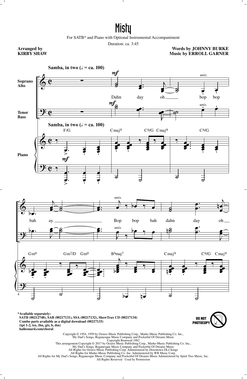 Kirby Shaw Misty sheet music notes and chords. Download Printable PDF.