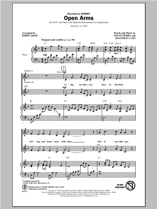 Journey Open Arms (arr. Kirby Shaw) sheet music notes and chords. Download Printable PDF.