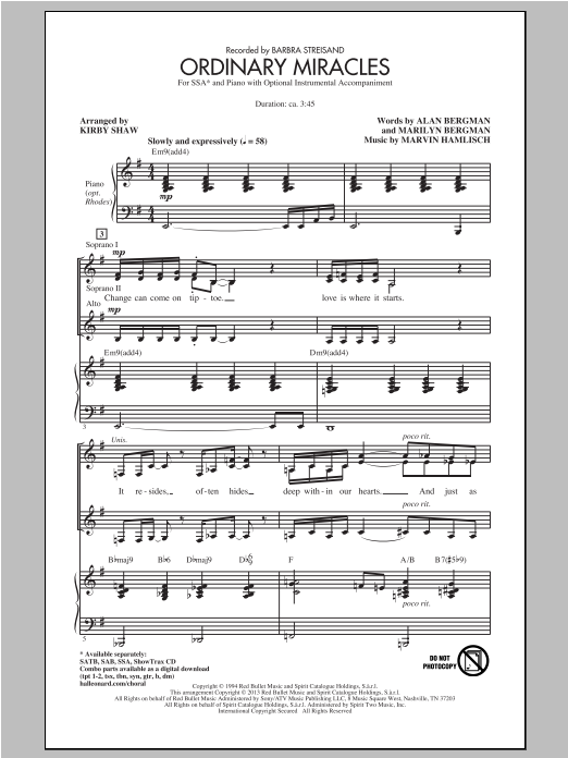 Marvin Hamlisch Ordinary Miracles (arr. Kirby Shaw) sheet music notes and chords. Download Printable PDF.