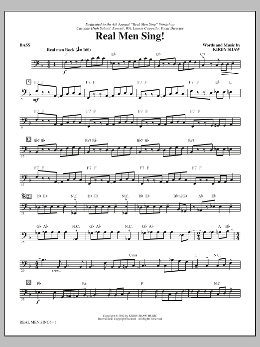 Learn to play Kirby Shaw Real Men Sing! - Bass sheet music for Choir Instrumental Pak in minutes. Price: 8.9900$ Kirby Shaw Real Men Sing! - Bass sheet music notes and chords arranged for Choir Instrumental Pak