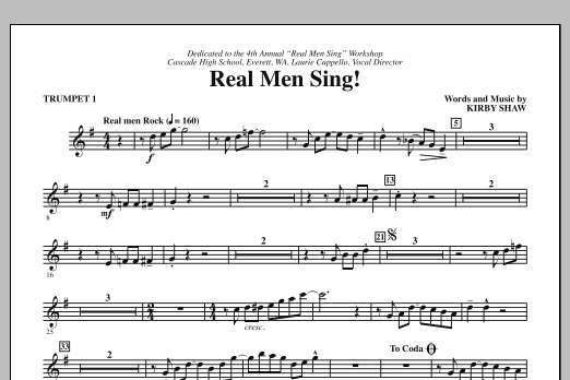 Learn to play Kirby Shaw Real Men Sing! - Bb Trumpet 1 sheet music for Choir Instrumental Pak in minutes. Price: 8.9900$ Kirby Shaw Real Men Sing! - Bb Trumpet 1 sheet music notes and chords arranged for Choir Instrumental Pak