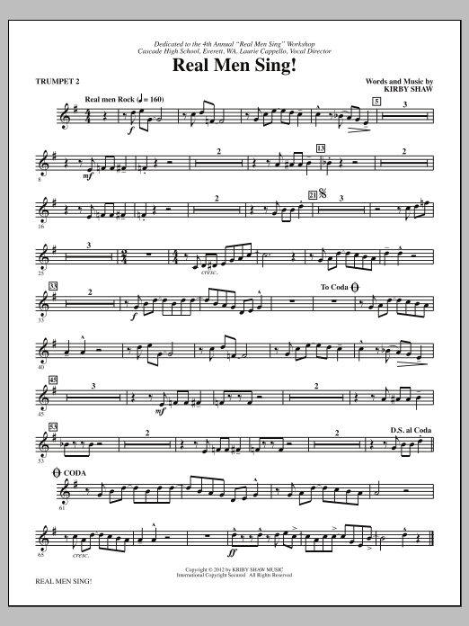 Learn to play Kirby Shaw Real Men Sing! - Bb Trumpet 2 sheet music for Choir Instrumental Pak in minutes. Price: 8.9900$ Kirby Shaw Real Men Sing! - Bb Trumpet 2 sheet music notes and chords arranged for Choir Instrumental Pak