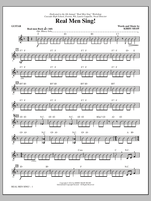 Learn to play Kirby Shaw Real Men Sing! - Guitar sheet music for Choir Instrumental Pak in minutes. Price: 8.9900$ Kirby Shaw Real Men Sing! - Guitar sheet music notes and chords arranged for Choir Instrumental Pak