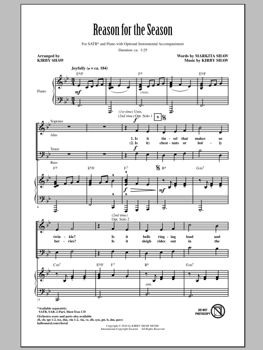 Learn to play Kirby Shaw Reason For The Season sheet music for SATB Choir in minutes. Price: 3.9900$ Kirby Shaw Reason For The Season sheet music notes and chords arranged for SATB Choir