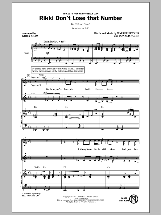 Learn to play Kirby Shaw Rikki Don't Lose That Number sheet music for SSA Choir in minutes. Price: 3.9900$ Kirby Shaw Rikki Don't Lose That Number sheet music notes and chords arranged for SSA Choir
