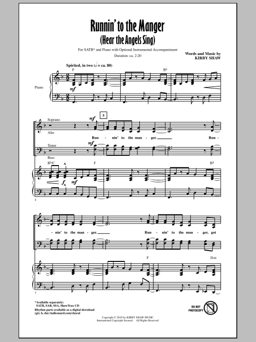 Learn to play Kirby Shaw Runnin' To The Manger (Hear The Angels Sing) sheet music for SSA Choir in minutes. Price: 3.9900$ Kirby Shaw Runnin' To The Manger (Hear The Angels Sing) sheet music notes and chords arranged for SSA Choir