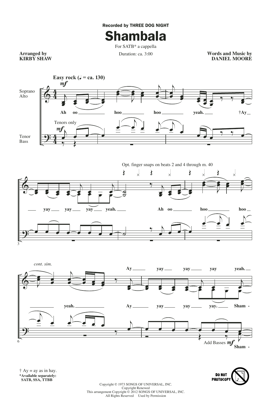 Three Dog Night Shambala (arr. Kirby Shaw) sheet music notes and chords. Download Printable PDF.