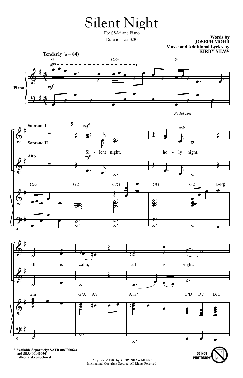 Kirby Shaw Silent Night Sheet Music Pdf Notes Chords Sacred Score Ssa Choir Download Printable Sku