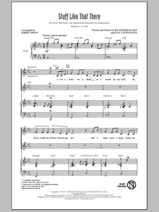 Learn to play Bette Midler Stuff Like That There (arr. Kirby Shaw) sheet music for SSA Choir in minutes. Price: 3.9900$ Bette Midler Stuff Like That There (arr. Kirby Shaw) sheet music notes and chords arranged for SSA Choir