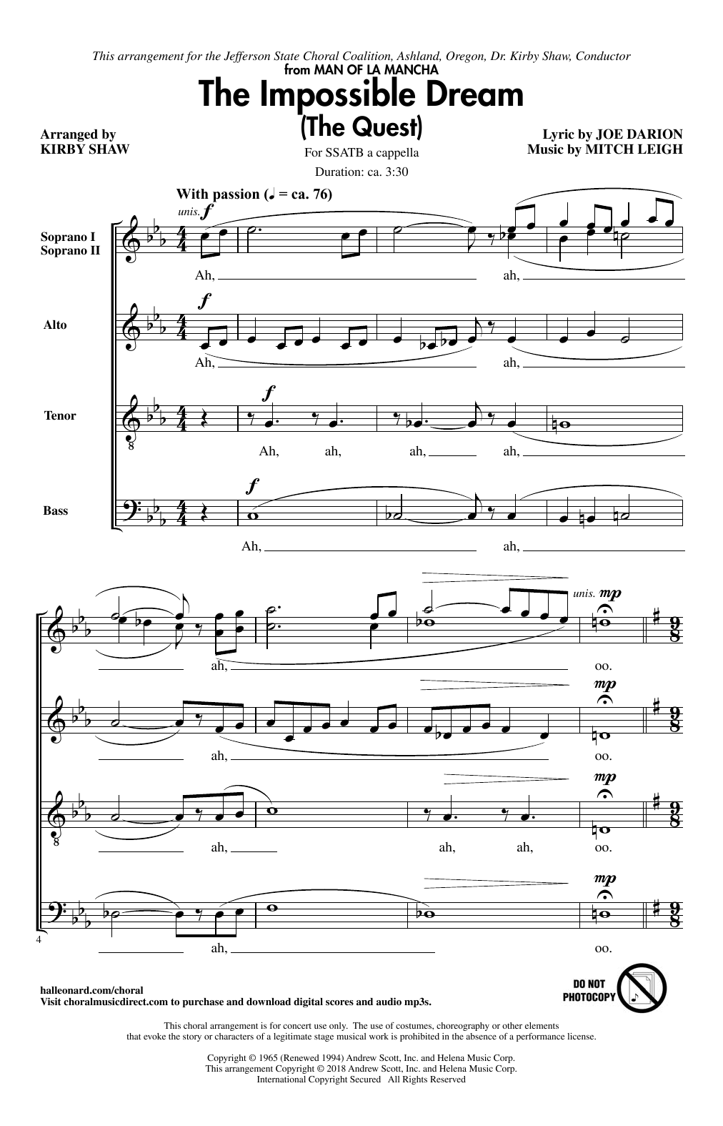 Kirby Shaw The Impossible Dream The Quest Sheet Music Pdf Notes Chords Broadway Score Satb Choir Download Printable Sku 251171
