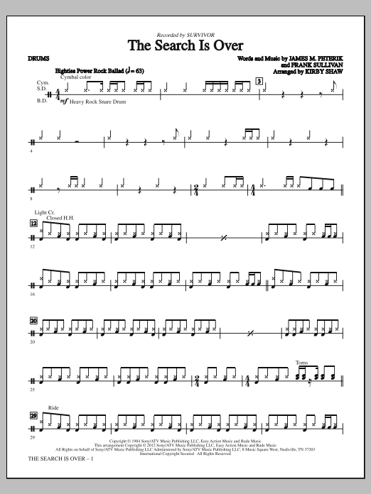 Learn to play Kirby Shaw The Search Is Over - Drums sheet music for Choir Instrumental Pak in minutes. Price: 8.9900$ Kirby Shaw The Search Is Over - Drums sheet music notes and chords arranged for Choir Instrumental Pak