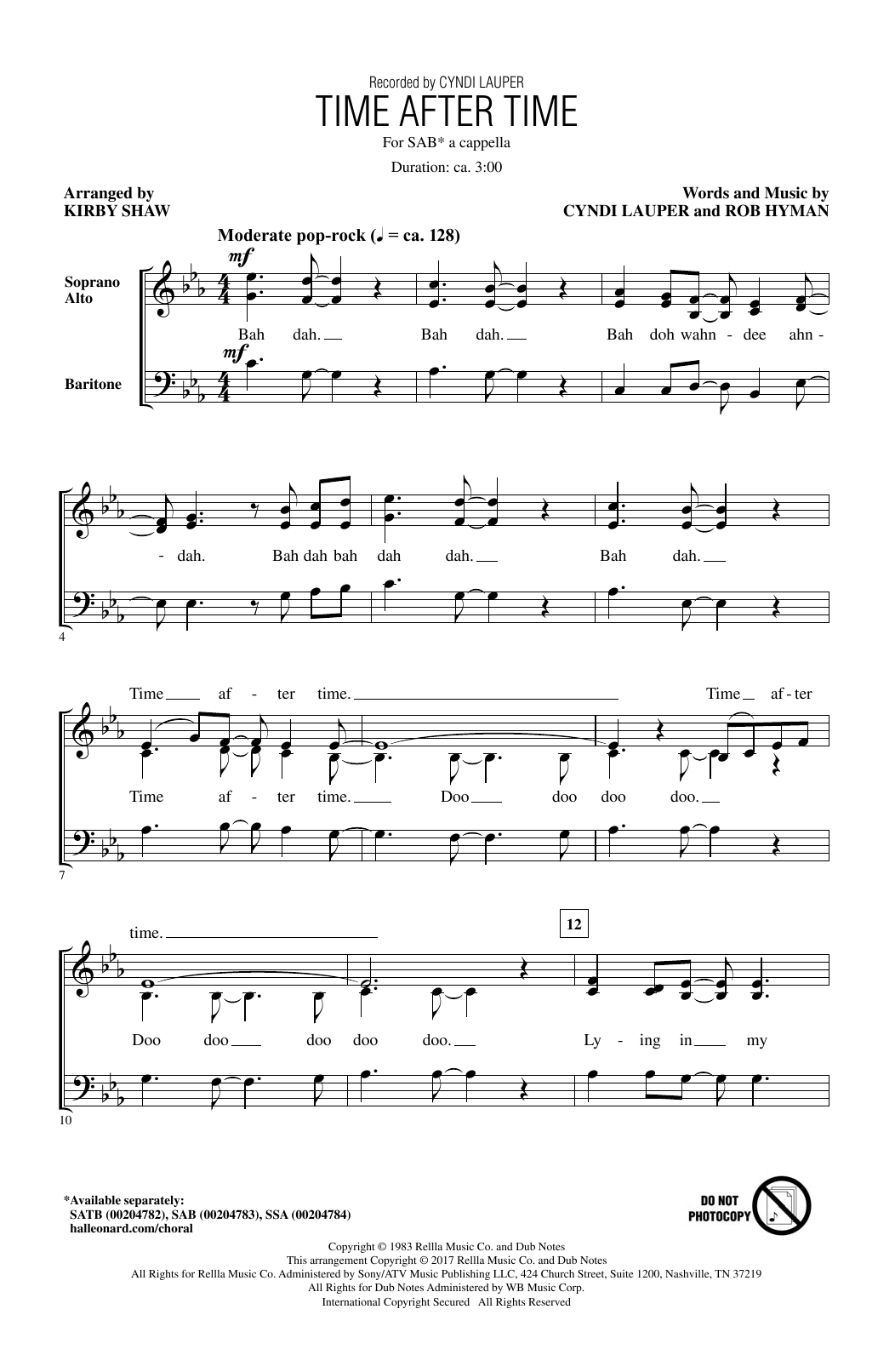 Cyndi Lauper Time After Time (arr. Kirby Shaw) sheet music notes and chords. Download Printable PDF.