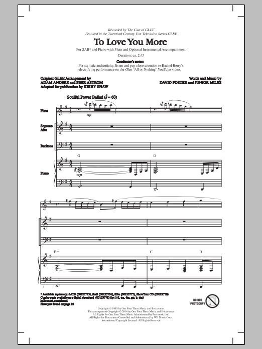 Learn to play Glee Cast To Love You More (arr. Kirby Shaw) sheet music for SSA Choir in minutes. Price: 3.9900$ Glee Cast To Love You More (arr. Kirby Shaw) sheet music notes and chords arranged for SSA Choir