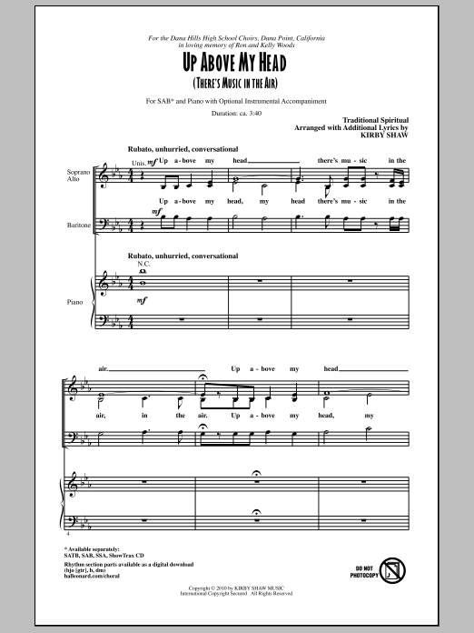 Learn to play Kirby Shaw Up Above My Head (There's Music In The Air) sheet music for SAB Choir in minutes. Price: 3.9900$ Kirby Shaw Up Above My Head (There's Music In The Air) sheet music notes and chords arranged for SAB Choir