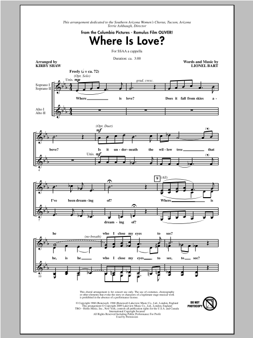Learn to play Lionel Bart Where Is Love? (arr. Kirby Shaw) sheet music for SSA Choir in minutes. Price: 3.9900$ Lionel Bart Where Is Love? (arr. Kirby Shaw) sheet music notes and chords arranged for SSA Choir