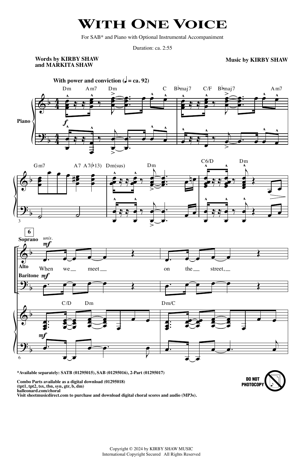 Kirby Shaw With One Voice sheet music notes and chords. Download Printable PDF.