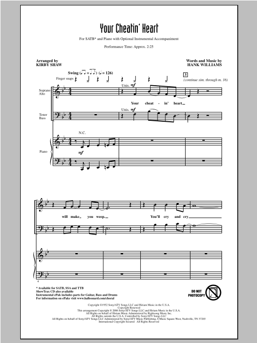 Patsy Cline Your Cheatin' Heart (arr. Kirby Shaw) sheet music notes and chords. Download Printable PDF.