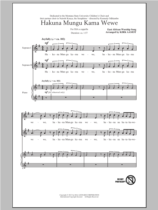Learn to play Traditional Spiritual Hakuna Mungu Kama Wewe (arr. Kirk Aamot) sheet music for 3-Part Mixed Choir in minutes. Price: 3.9900$ Traditional Spiritual Hakuna Mungu Kama Wewe (arr. Kirk Aamot) sheet music notes and chords arranged for 3-Part Mixed Choir