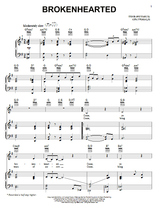 Kirk Franklin Brokenhearted sheet music notes and chords. Download Printable PDF.