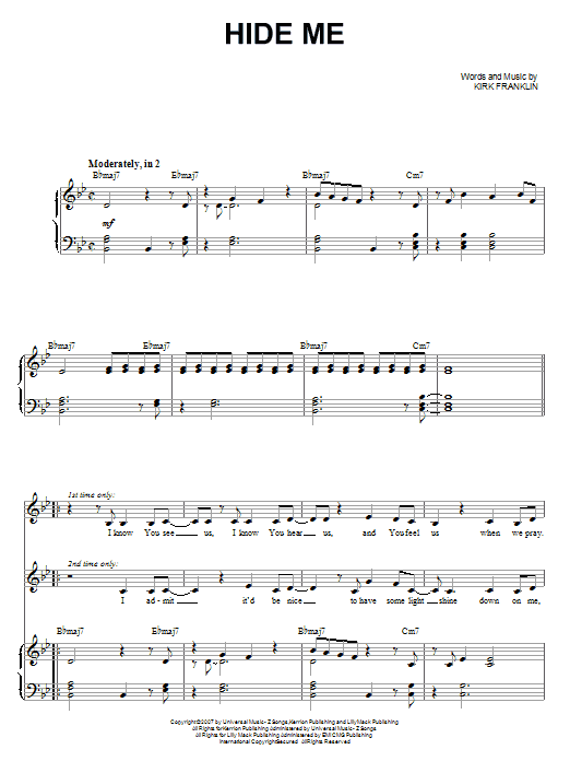 Kirk Franklin Hide Me sheet music notes and chords. Download Printable PDF.