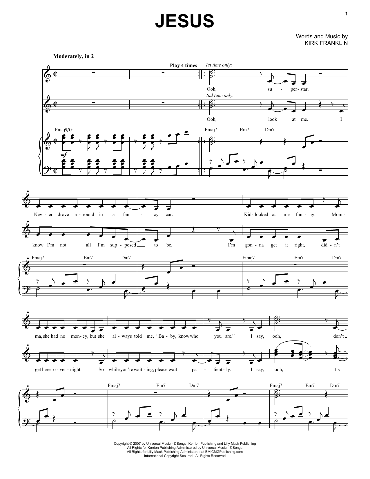 Kirk Franklin Jesus sheet music notes and chords. Download Printable PDF.