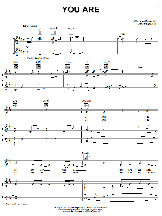 Kirk Franklin You Are sheet music notes and chords. Download Printable PDF.