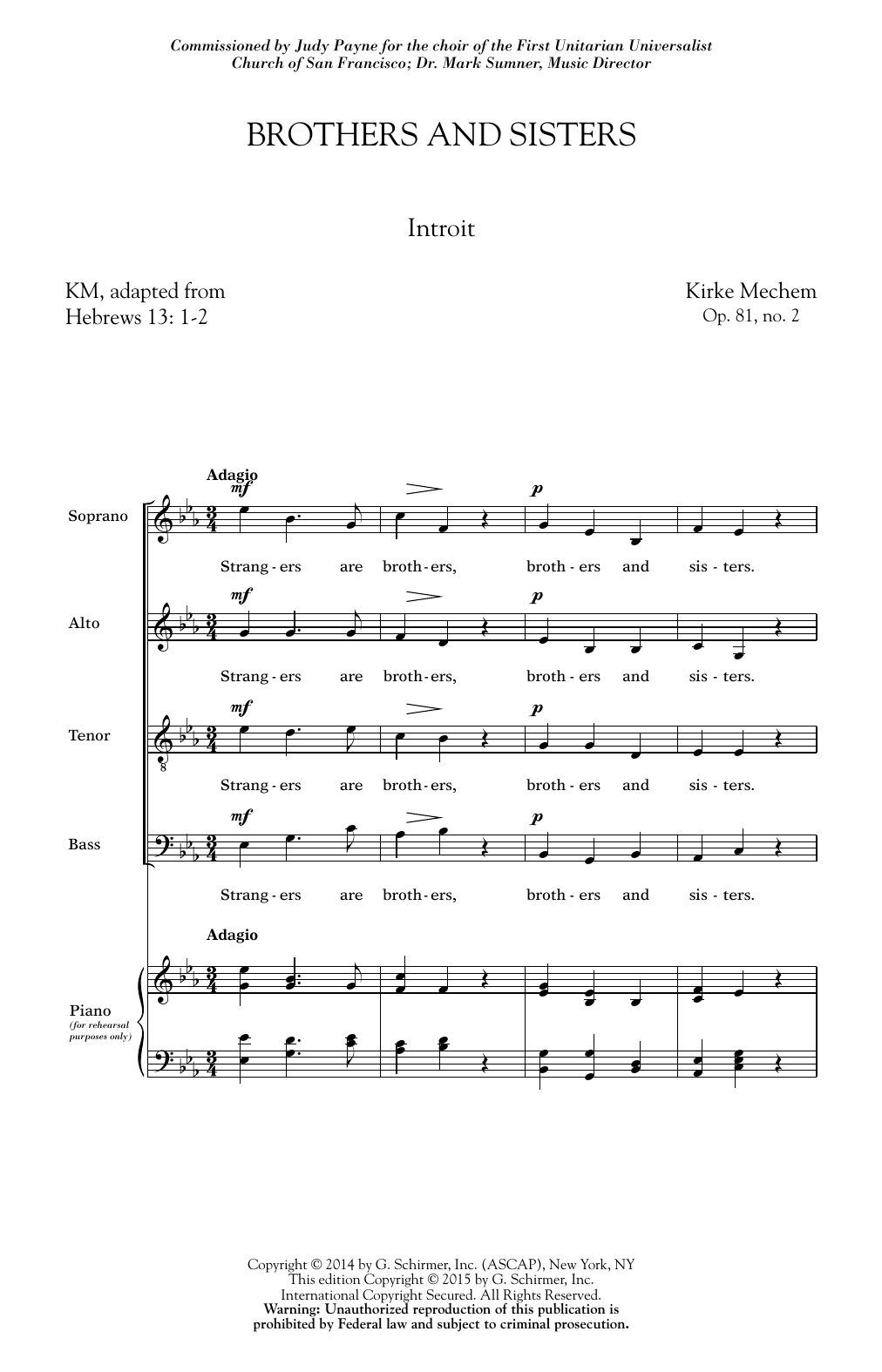 Learn to play Kirke Mechem Brothers And Sisters sheet music for SATB Choir in minutes. Price: 3.9900$ Kirke Mechem Brothers And Sisters sheet music notes and chords arranged for SATB Choir