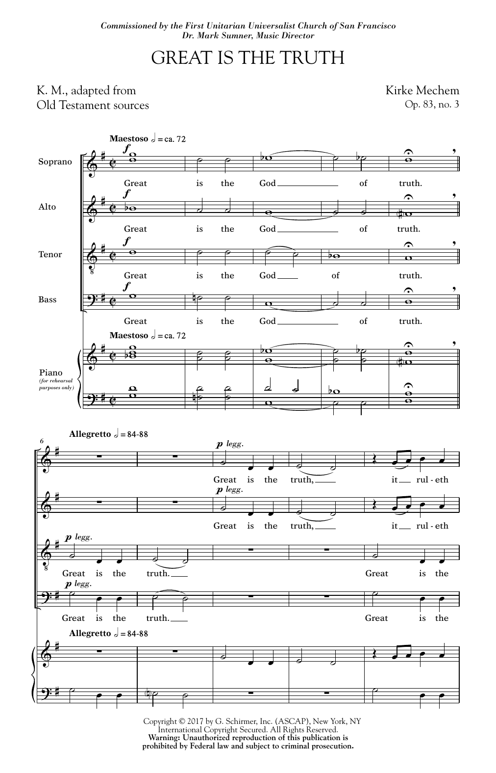 Learn to play Kirke Mechem Great Is The Truth sheet music for SATB Choir in minutes. Price: 3.9900$ Kirke Mechem Great Is The Truth sheet music notes and chords arranged for SATB Choir