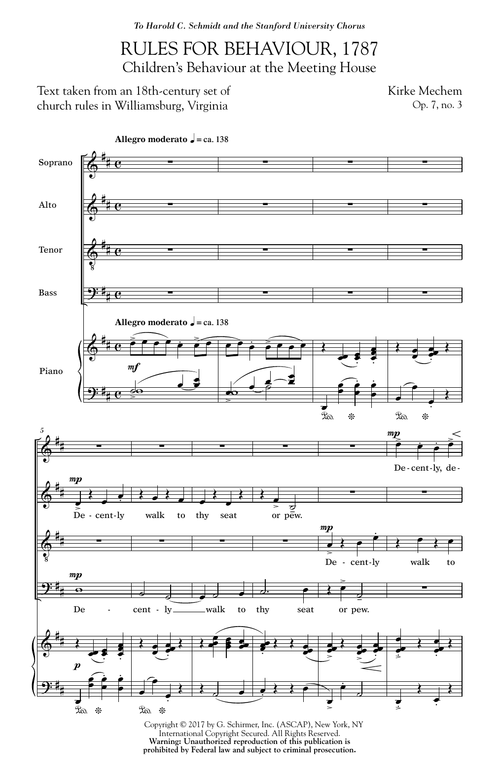 Learn to play Kirke Mechem Rules For Behaviour, 1787 sheet music for SATB Choir in minutes. Price: 3.9900$ Kirke Mechem Rules For Behaviour, 1787 sheet music notes and chords arranged for SATB Choir