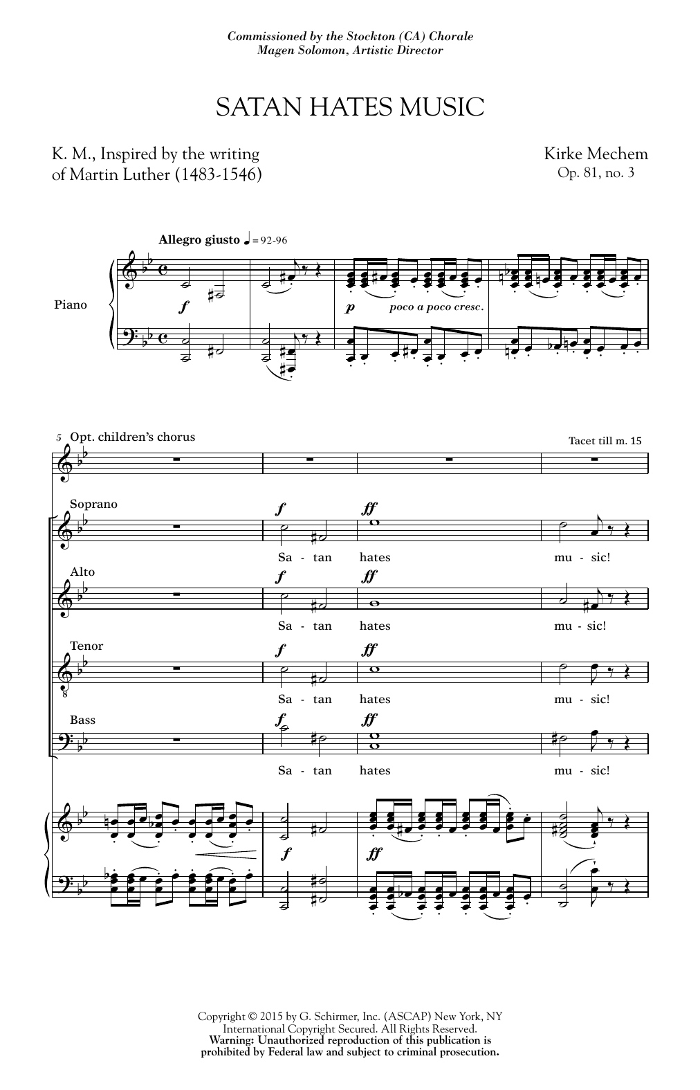 Kirke Mechem Satan Hates Music sheet music notes and chords. Download Printable PDF.