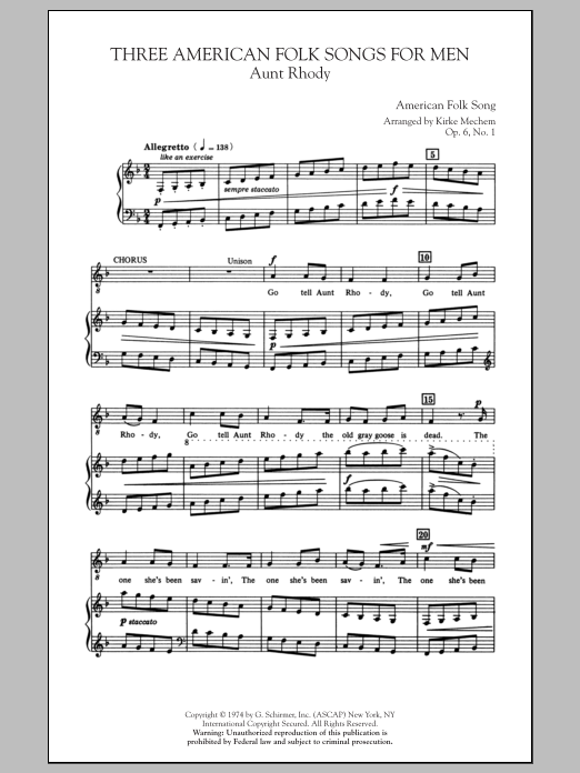Learn to play Kirke Mechem Three American Folk Songs For Men sheet music for TTBB Choir in minutes. Price: 4.7900$ Kirke Mechem Three American Folk Songs For Men sheet music notes and chords arranged for TTBB Choir