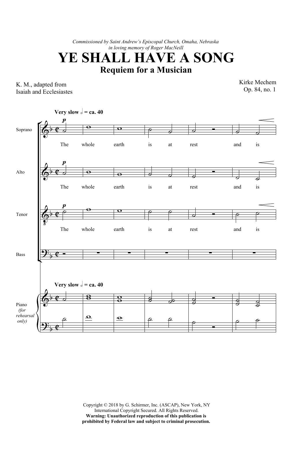 Learn to play Kirke Mechem Ye Shall Have A Song sheet music for SATB Choir in minutes. Price: 3.9900$ Kirke Mechem Ye Shall Have A Song sheet music notes and chords arranged for SATB Choir
