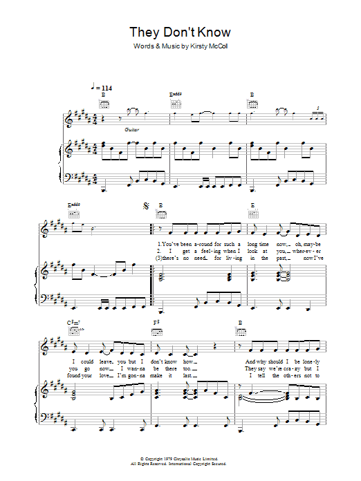 Learn to play Kirsty MacColl They Don't Know sheet music for Piano, Vocal & Guitar in minutes. Kirsty MacColl They Don't Know sheet music notes and chords. Download Printable PDF.