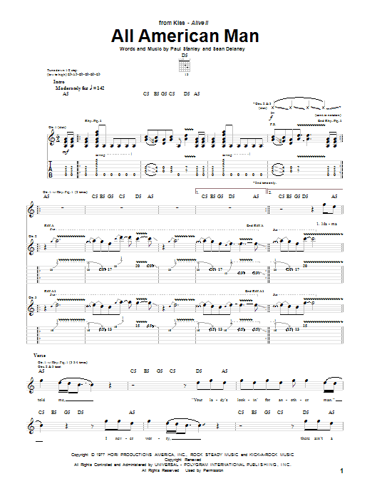 KISS All American Man sheet music notes and chords. Download Printable PDF.