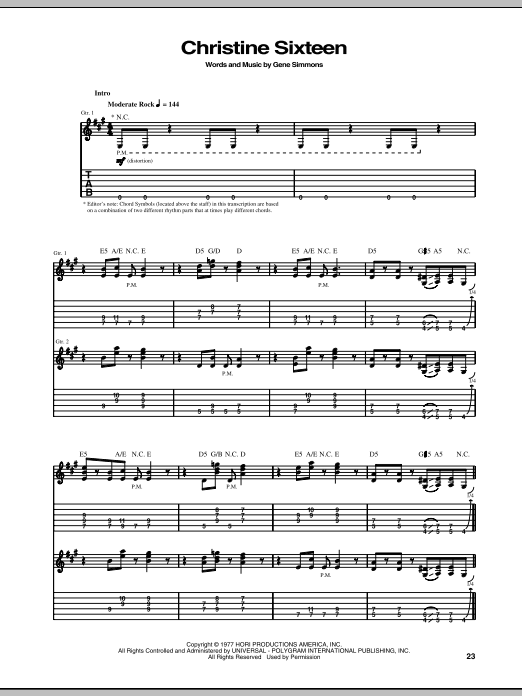 KISS Christine Sixteen sheet music notes and chords. Download Printable PDF.