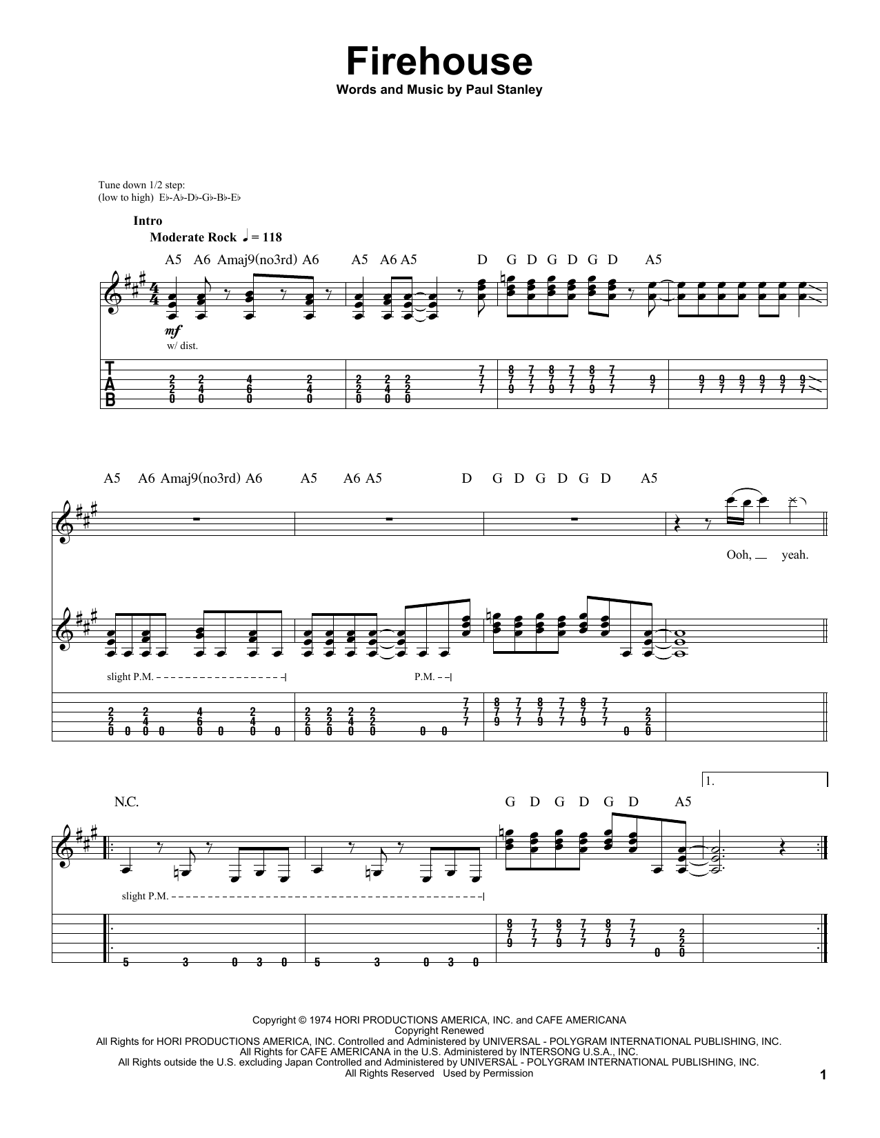 KISS Firehouse sheet music notes and chords. Download Printable PDF.