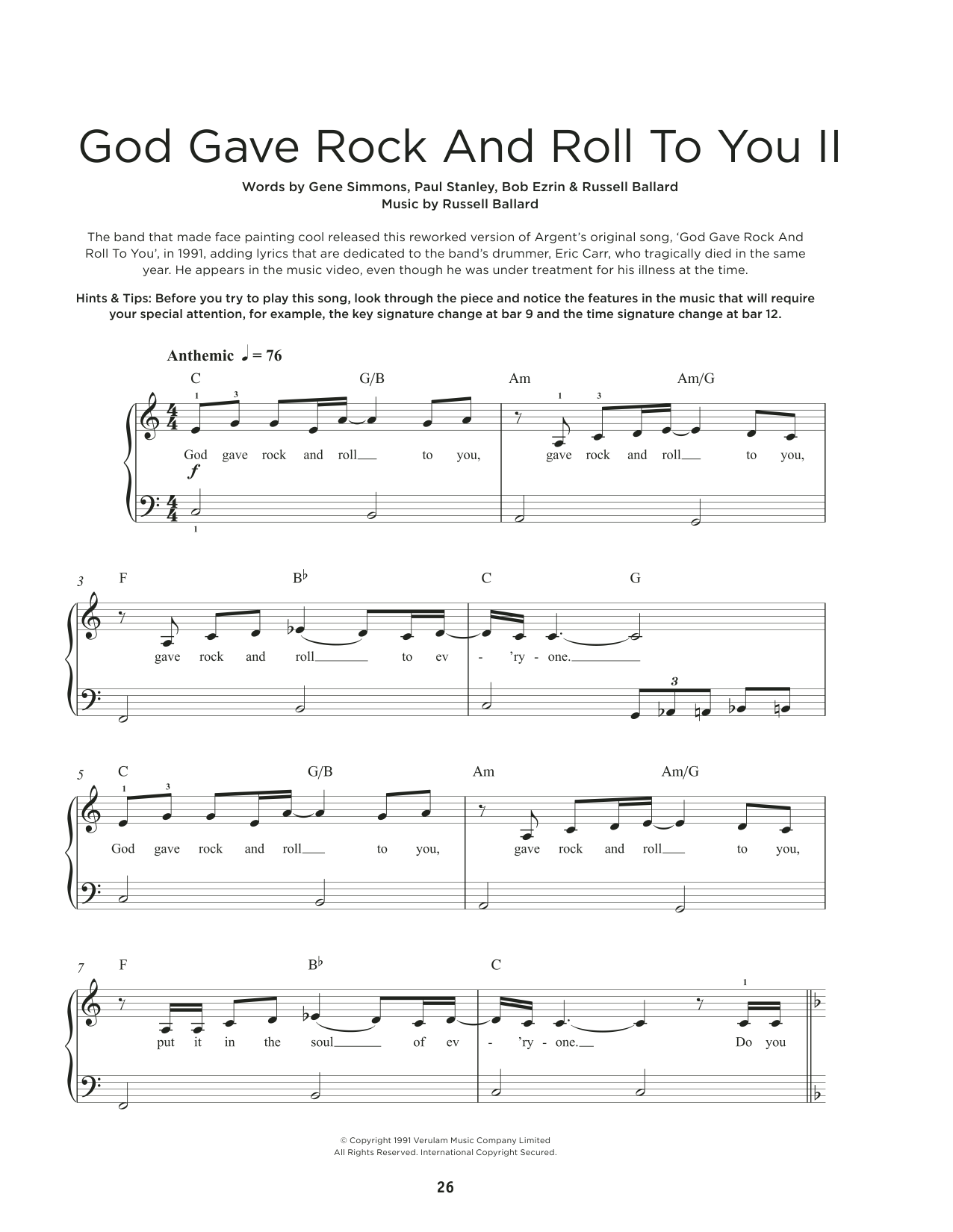 KISS God Gave Rock & Roll To You II sheet music notes and chords. Download Printable PDF.