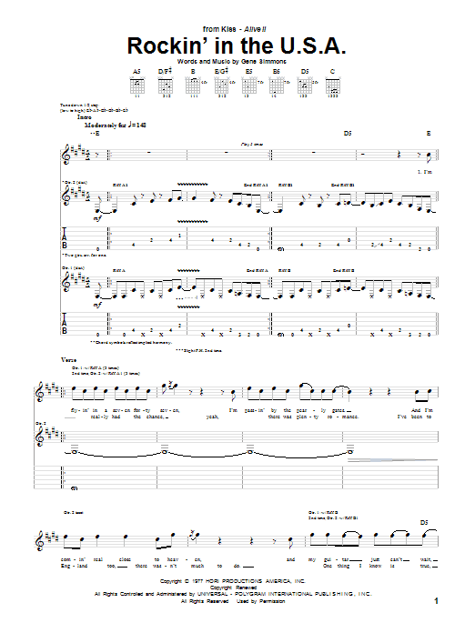 KISS Rockin' In The U.S.A. sheet music notes and chords. Download Printable PDF.