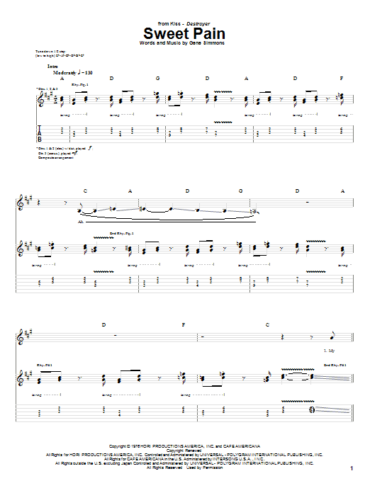 KISS Sweet Pain sheet music notes and chords. Download Printable PDF.