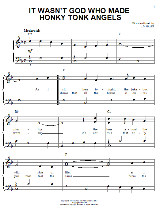 Kitty Wells It Wasn't God Who Made Honky Tonk Angels sheet music notes and chords. Download Printable PDF.