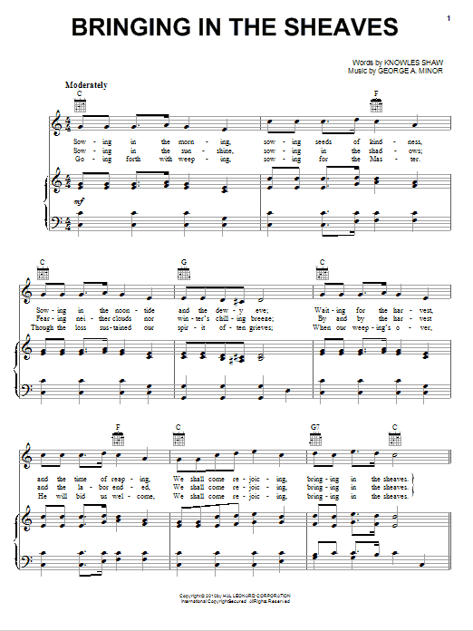 Learn to play Knowles Shaw Bringing In The Sheaves sheet music for Lead Sheet / Fake Book in minutes. Price: 5.9900$ Knowles Shaw Bringing In The Sheaves sheet music notes and chords arranged for Lead Sheet / Fake Book