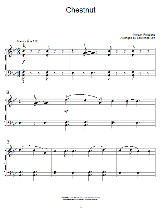 Traditional Korean Folk Song Chestnut sheet music notes and chords. Download Printable PDF.