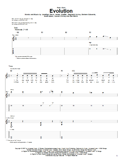 Korn Evolution sheet music notes and chords. Download Printable PDF.