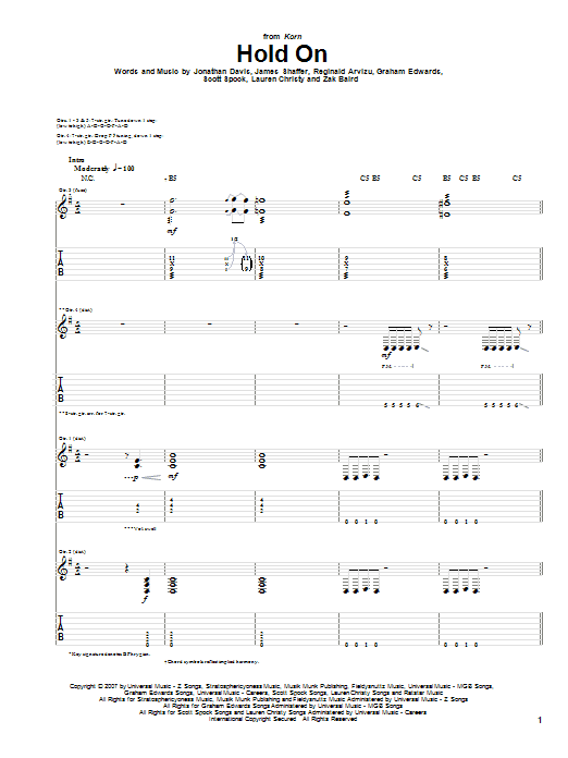 Learn to play Korn Hold On sheet music for Guitar Tab in minutes. Price: 7.8900$ Korn Hold On sheet music notes and chords arranged for Guitar Tab