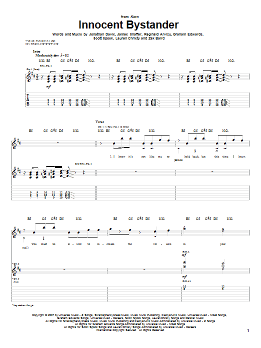 Korn Innocent Bystander sheet music notes and chords. Download Printable PDF.