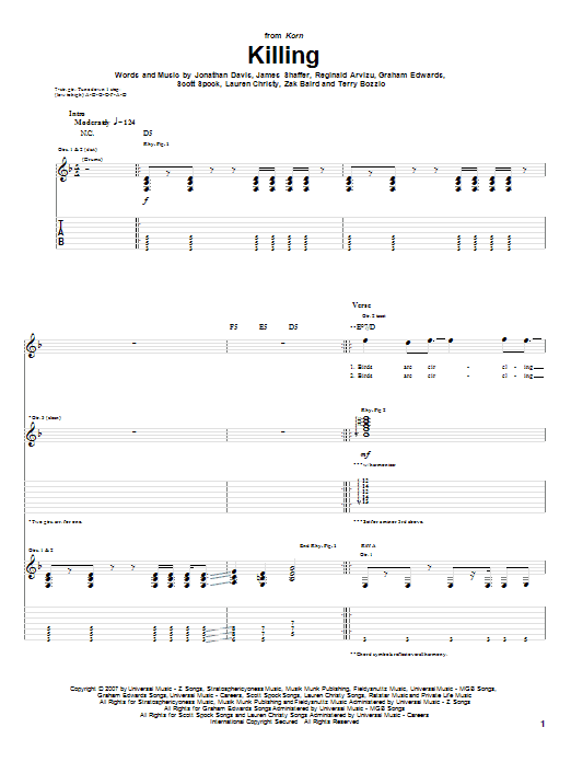 Korn Killing sheet music notes and chords. Download Printable PDF.