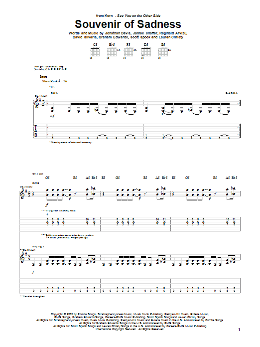 Korn Souvenir Of Sadness sheet music notes and chords. Download Printable PDF.